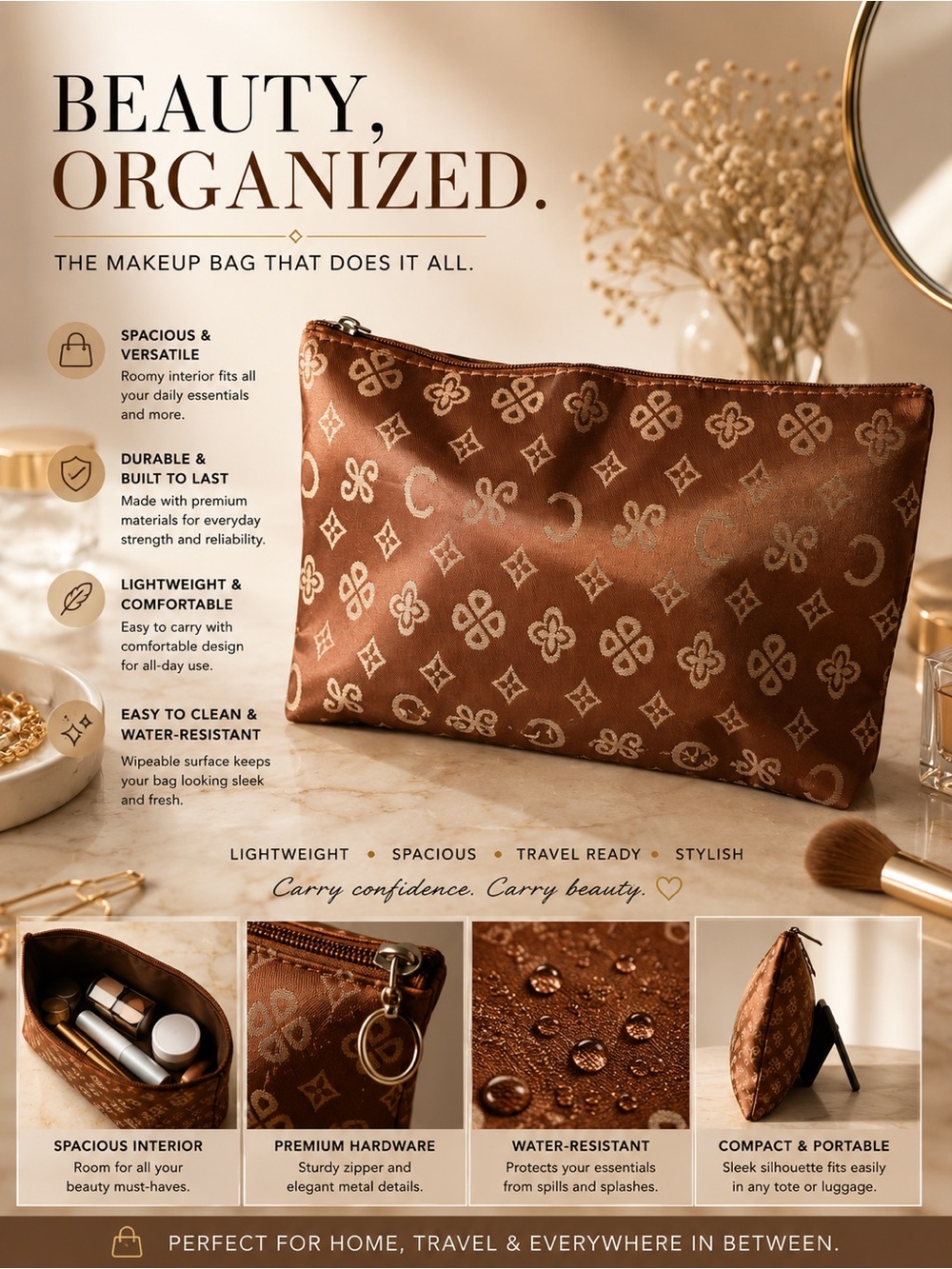 Brown Monogram Makeup Bag - Water-Resistant Cosmetic Pouch